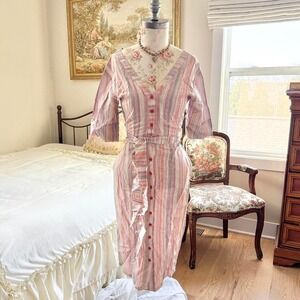 Y2K pink pastel striped button front midi dress Dador size small